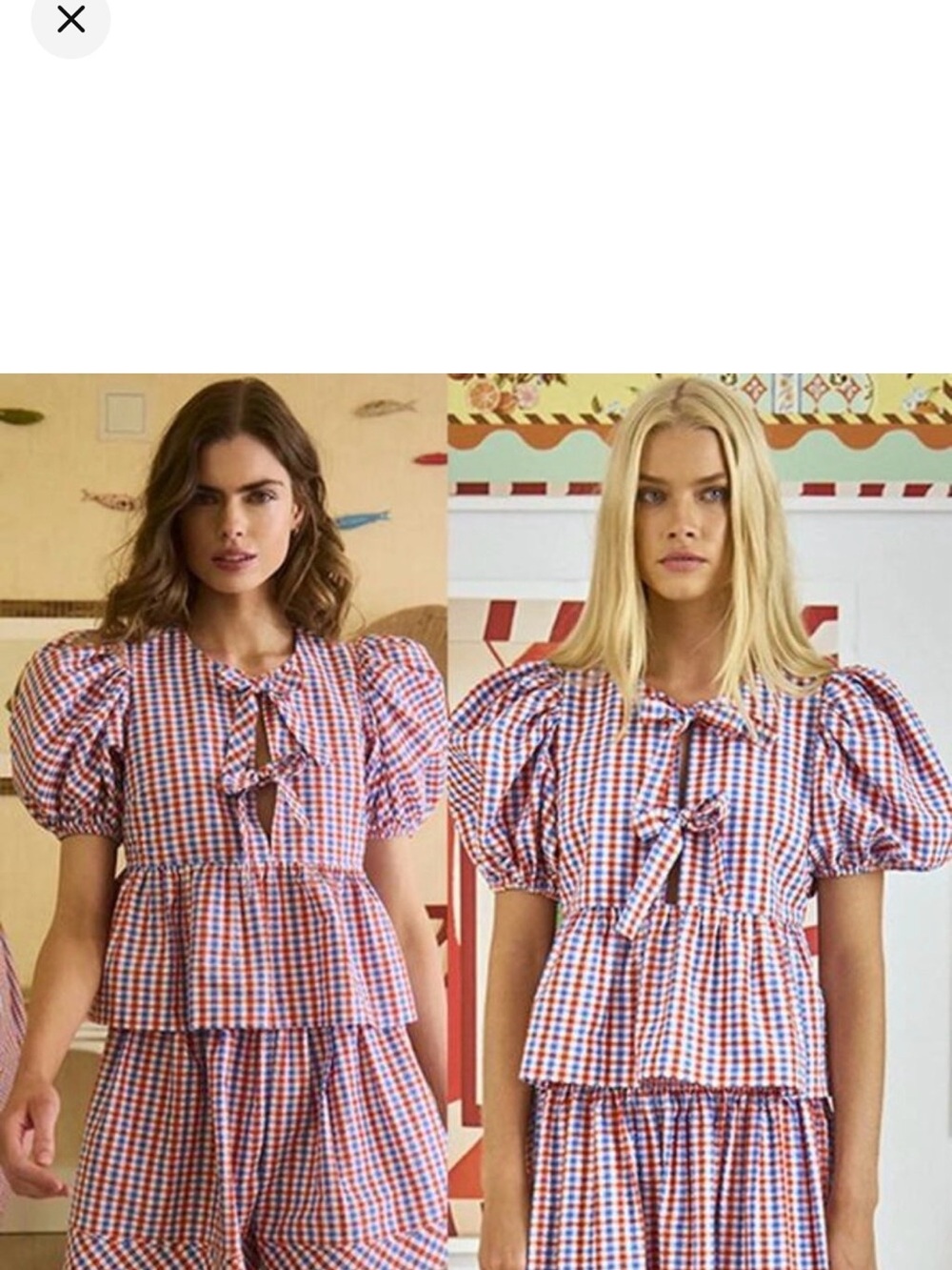 HUNTER BELL Blue & Red Gingham Puff-Sleeve Peplum Blouse